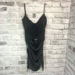 PrettyLittleThing Shape Black Sating Lace Overlay Suspender Bodycon Dress NWT